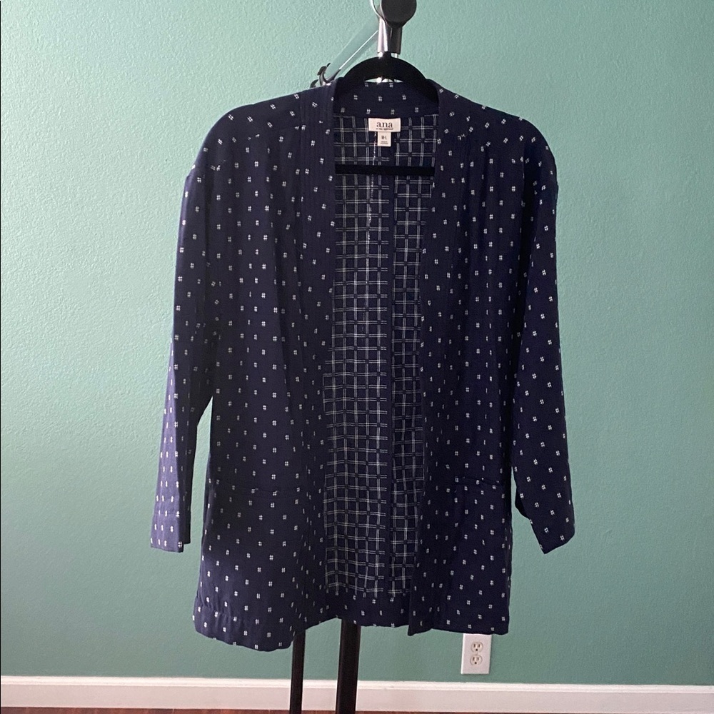 A.N.A A New Approach Open Front Kimono Cardigan Navy Blue Print Size M-L